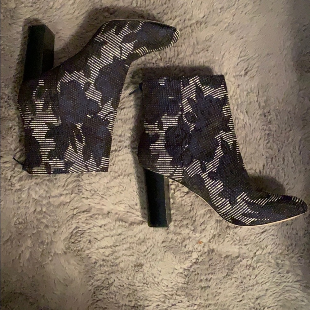 White Boots with Navy Blue and Black Flowers
